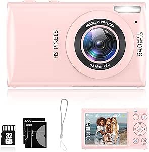 Digital Camera Pink, 4K Vlogging Camera, Vintage Camera, Autofocus 64MP 18X Digital Zoom Compact Point and Shoot Digital Cameras for Beginner, 32GB Included, Pink