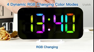 U-pick RGB Digital Alarm Clock, LED Colorful Clocks for Bedrooms with Mirror Surface, Auto Dimming, 2 USB Charger Ports, Modern Clock for Home Living Room Office Decor -Black