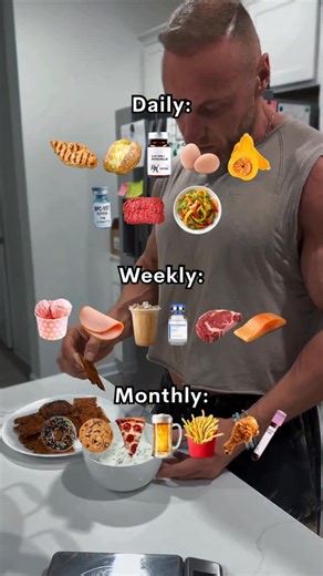 Ivan Voineac | Transformation Coach 💪 on Instagram: "This is how I structure my nutrition and lifestyle. Simple. Repeatable. Sustainable. DAILY: Chicken, potatoes, eggs, squash, 96/4 beef, vegetables, and yeah… the joint-healing superheroes (CJC + BPC) These foods keep me lean, fueled, and performing. WEEKLY: Deli meat, a latte, ice cream, a good steak or salmon, sometimes TRT for the “over 35 club.” These foods keep life enjoyable without blowing up progress. MONTHLY: and this a big maybe..Piz