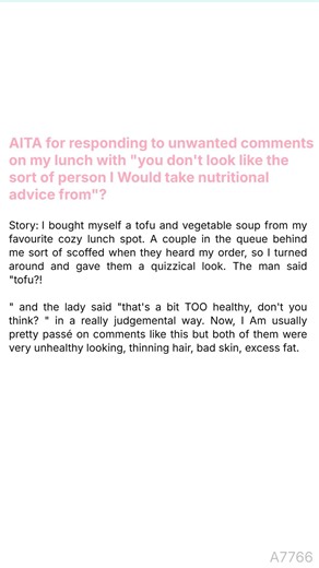 2K views | AITA for  responding to unwanted  comments on my lunch with "you don't look like the sort of person I Would take nutritional advice from" | Reddit Reflections | Facebook