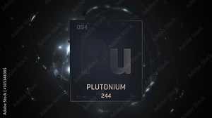 Plutonium as Element 94 of the Periodic Table. Seamlessly looping 3D animation on silver illuminated atom design background with orbiting electrons. Design shows name, atomic weight and element number