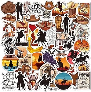 50 PCS Western Cowboy Stickers for Water Bottles, Laptops, Scrapbook – Vintage Wild West Rodeo Aesthetic Decals for Adults Teens, Waterproof Vinyl Western Sticker Pack