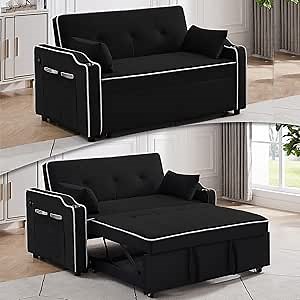 Wakefit 3 in 1 Convertible Sleeper Futon Sofa Bed, 55 Inch Velvet Small Loveseat Lounge Couch with Reclining Backrest, USB Ports, Cup Holder & Side Pockets for Living Room, Pull-Out Couch, Black