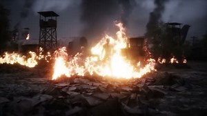 Zombie in a burning ruined apocalyptic city. Armageddon view. Zombie apocalypsis. Realistic 4k animation.