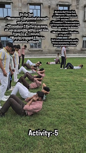 Lokesh Pachauri on Instagram: "Sit-Up Test - *Measures:* Abdominal strength and endurance - *Procedure:* Perform as many sit-ups as possible within a set time frame (e.g., 1 minute) - *Muscles engaged:* Rectus abdominis, obliques Medicine Ball Throw Test - *Measures:* Upper body strength and power (arm and shoulder) - *Procedure:* Throw a medicine ball forward or backward with both hands, measuring the distance thrown - *Muscles engaged:* Shoulders, arms, and core Both tests are commonly used in