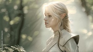 "Female Elf Warrior in White Leather Armor Bathed in Sunlight in a Mystical Forest". Concept Fantasy, Elf, Warrior, White Leather Armor, Sunlight, Mystical Forest