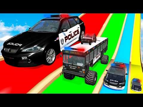 Giant & Small Police Car vs Portal Trap with Slide Colors – Cars vs Trains – BeamNG.Drive