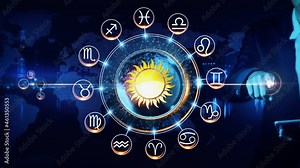 Zodiac Western Icon Rotating wheel Concept Rotating wheel with icon surrounded by city and world map Center and spoke Concept