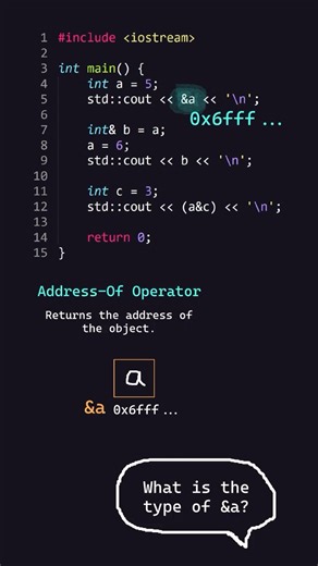 emcapsulation on Instagram: "Learn about three meanings of the ampersand symbol (&) in C++, perfect for your next programming project or coding interview. 1. Address-Of Operator: Returns the memory address of the operand (a pointer to the operand). 2. Reference: Creates a reference to another variable. This creates an alias for that variable; both refer to the same location in memory. 3. Bitwise AND: Takes the bitwise AND of the two expressions. Note: We don't go into rvalue references here beca
