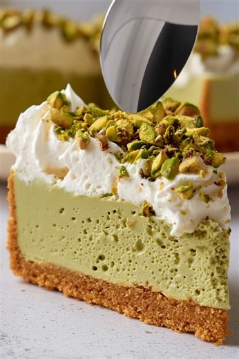 Pistachio Cheesecake! 💚🍰 A buttery graham cracker crust holds a rich, smooth, and vibrant pistachio-flavored cheesecake, crowned with fluffy whipped cream and a generous sprinkle of crunchy pistachios. It's a truly elegant and flavorful dessert that's perfect for special occasions! #PistachioCheesecake #Cheesecake #PistachioDessert #BakingLove #HomemadeCheesecake #GrahamCrackerCrust #CreamyDessert #SweetTreat #HomeBaking #ElegantDessert #SpecialOccasion #NuttyDessert #FoodPhotography #DessertR