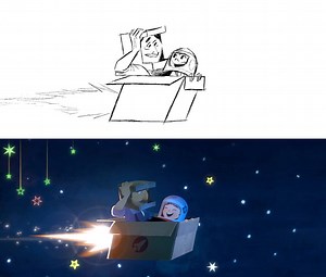 A storyboard-to-final comparison for Luna's dream sequence in 'One Small Step'. Andrew Chesworth drew the boards somewhat unscripted like straight-ahead animation, in order to completely replace an old idea for the dream. Composer Steve Horner scored this when it was all just rough drawings. | TAIKO Studios