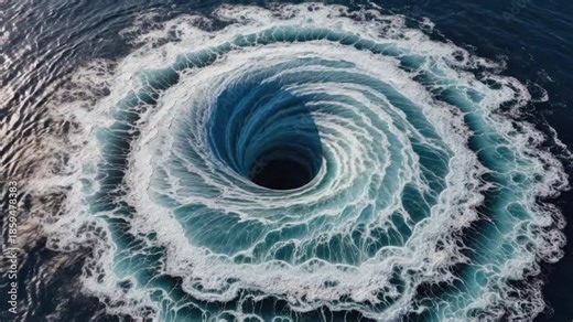 Oceanic Vortex: An aerial perspective captures a mesmerizing vortex swirling within the vast ocean, a powerful display of nature's raw force and beauty.