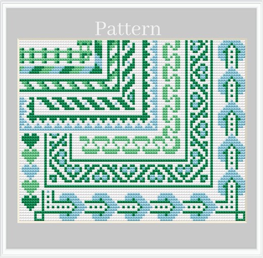 Border Cross Stitch Pattern With Green and Blue Heart Frames and Corners - Etsy