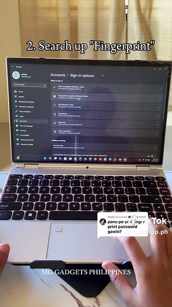 Replying to @Lucen 🇵🇭 Hello po! Here's a quick video tutorial on how to set up the fingerprint! Ganito din e-set up si Flexitouch natin ha! #mglaptop #mgtouchpro #mgflexitouch #2in1laptop #laptop #fyp