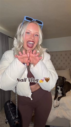 Kylie Larsen on Instagram: "BROWN & PINK Valentine’s Day nails, I’m obsessed 💅🤎 DONE BY MY GIRL @nailsbymacyjane OUTFIT + MAKEUP is LINKED in my BIO Outfit is from: Brown leggings & crop top @amazon @amazonfashion Uggs (can get them from @revolve or @amazon or @ugg Sunglasses @dimeoptics Puffer coat @hm but can get one from @amazon or @americaneagle Purse @coach Necklace @dior Second outfit: @joahbrown black mini crop top or sports bra @nvgtn flare workout leggings @thenorthface crop puffer co