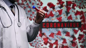 Doctor in a white lab coat and a stethoscope holding a coronavirus blood test sample tube on a coronavirus background image. Public Domain background element from U.S. Centers for Disease Control and