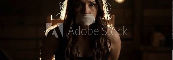 Woman Tied to Chair with Gag in Dark Room, Victim Concept