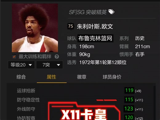 x11卡皇朱利叶斯欧文！j博士来袭，属性徽章都是碾压级别超模，实在是太强了，预计身价单卡300万以上！