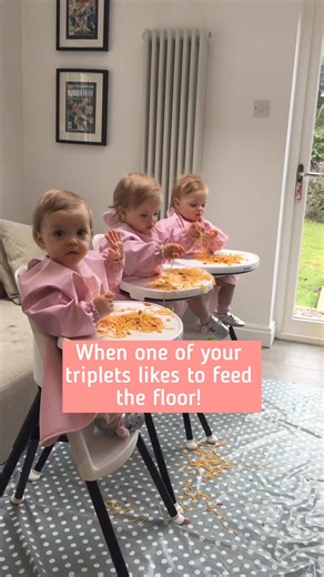 Baby Led Weaning was easier for us with triplets. Though Felix was weaned this way too. I could give them their food at the same time so noone had to get upset waiting their turn for a mouthful of food. Etta in particular loved to experiment with feeding the floor but whats a bit of mess 🤷🏼‍♀️ It’s easily cleared up and it’s all part of learning. Mealtimes were relaxed, and they're great eaters today so it worked for us. The trays detached so we could wash them like a plate and Etta had superh