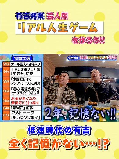 下積み時代の #有吉 記憶がない！？ TVerで無料見逃し配信中‼️📺 #有吉クイズ 芸人版人生ゲームを作ろう‼︎ 自分の体験をマス目に… 仕事がなくなって豪徳寺に引っ越した #有吉 2年間の記憶がない…！？🤣 👉プロフィールのリンクからいますぐ視聴