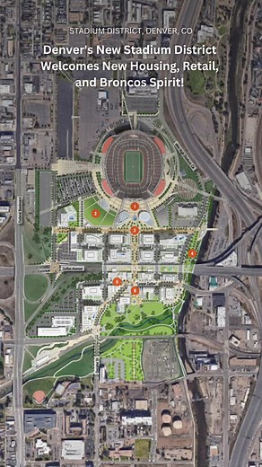 🌇 Unveiling Denver’s Stadium District Master Plan 🏟️ Witness the transformative concept of the Stadium District Master Plan, from vibrant streetscapes to stunning riverfront views. Here are the three key points we think you need to know” 1️⃣ The Broncos Aren’t Moving…Yet: While much speculation has gone around that the team will be moving out towards the airport, The Denver Broncos are currently in year two out of a 10 year lease at Mile High Stadium. Meaning the development of the area south 