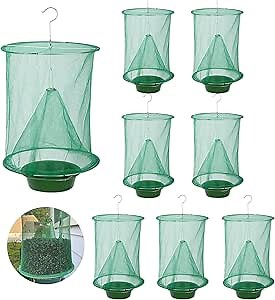 8 Pack Ranch Fly Traps - Reusable Fly Traps Outdoor Indoor Hanging,Stable Fly Traps with Bait-Tray Fly Catcher Cage Fly Net Bag for Farms,Park, Restaurants (Green)