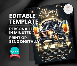Party Bus Birthday Invitation, VIP Party Bus Invite, Editable Digital Template, Electronic Evite Flyer, Printable Bday Card Instant Download - Etsy