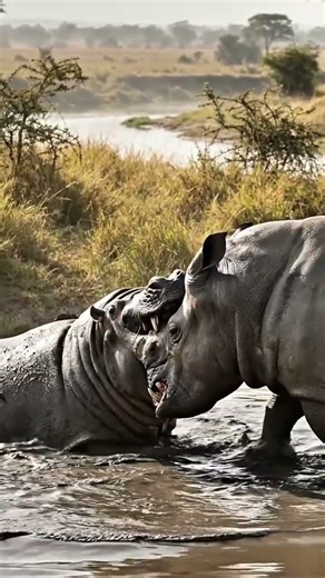 Rhino Attacks a Hippo Powerful Wildlife Clash
