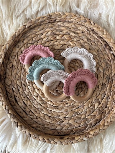 Natural Wood & Organic Cotton Baby Teether – Crochet Rainbow Teething Ring – Montessori Baby Toy – Neutral Baby Gift – BPA Free - Etsy