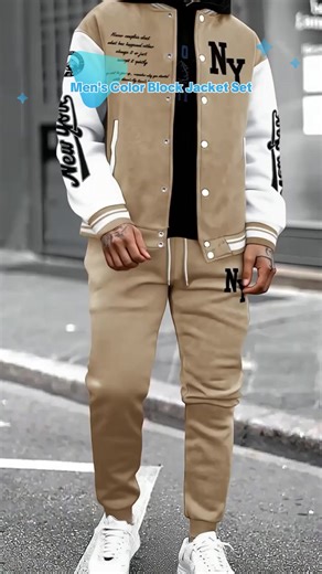 Men's Baseball Jacket Set 2 Piece Set Airport Outfits Fitted Polyester Fabric Fall & Winter Stylish Color block Design TikTokShopBlackFriday TikTokShopCyberMonday