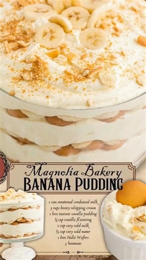 MAGNOLIA BAKERY BANANA PUDDING RECIPE! 1 cup very cold milk ½ cup very cold water 1 box Nilla Wafers 3 cups heavy whipping cream 1 can sweetened condensed milk 1 box instant vanilla pudding ½ tsp clear vanilla flavoring 5 bananas | Easy Recipes