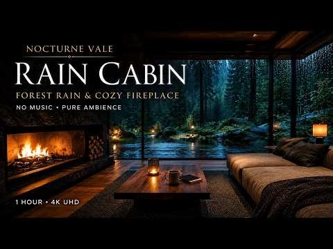 Rain Cabin at Night 🌧️ Forest Rain & Cozy Fireplace | 1 Hour, No Music, 4K