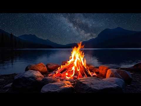 Midnight Fire by a Starry Lake 🔥 Soft Night Nature Sounds for Deep Sleep & Relaxation (NO MUSIC, 4K)