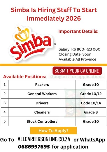 Simba is hiring staff to start immediately ❤️🔌 Apply 👉https://tinyurl.com/Simba1223 | Careers UP