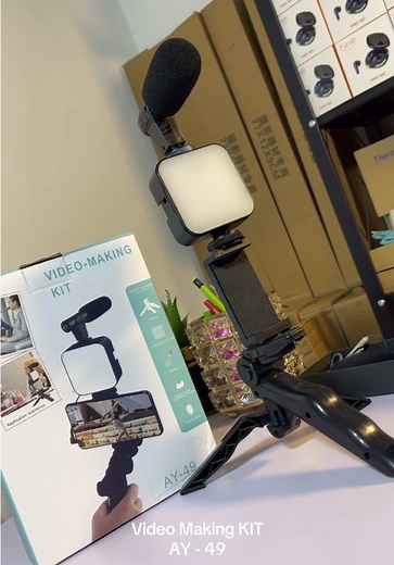 Video Making vlog Kit Available 1. Stand 2. Phone holder 3. LED 49R 4. Bluetooth / Wireless remote 5. Mic #vlogkit #videomaking #videokit