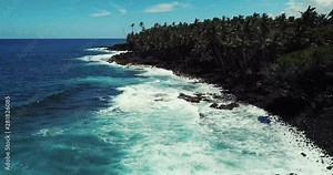 Black Sand Beach at Isaac Hale Beach Park (Pohoiki) on Big Island of Hawaii - Ascending Aerial View Panning Down. 4k.