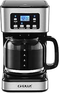 CHULUX 24-Hour Programmable Coffee Machine with LCD Screen and 12 Cup(60 OZ) Glass Carafe,Brew Strength Control,2-Hour Keep Warm,Auto Brew and Shut Off,Washable Coffee Filter and Spoon,950 Watts