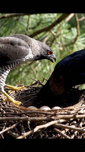 Crow raids Goshawk nest! Mother Goshawk's terrifying speed kill.