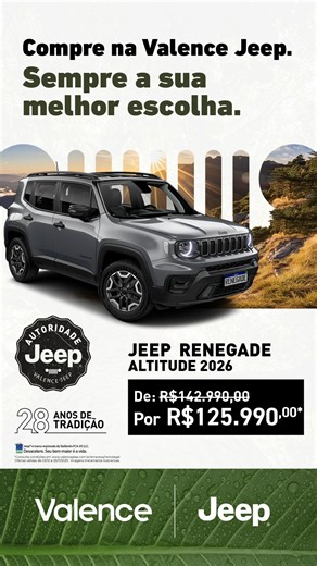 25K views · 79 reactions | O Jeep Renegade Altitude 2026 está com condição especial: ▶ De R$142.990,00 por R$125.990,00 Essa é a sua chance de ter um SUV com design, performance e tecnologia Jeep com uma condição que cabe no seu bolso.  Compre na Valence Jeep! Sempre a sua melhor escolha!  Av. Barão Homem de Melo, 3420 #ValenceJeep #SuaMelhorEscolha #Renegade #JeepRenegade #JeepBH | Valence Jeep | Facebook