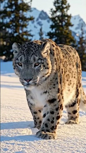 A 4K wildlife video of a majestic snow leopard walking slowly through a snowy mountain in the wild.