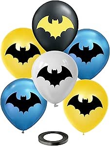 Bat Superhero 30 Pcs Balloons 12" Size Printed Both Sides | Assorted Colors Black Yellow Blue White Premium Latex | Bat Birthday Party Decorations & Supplies for Kids by Vision E.D.