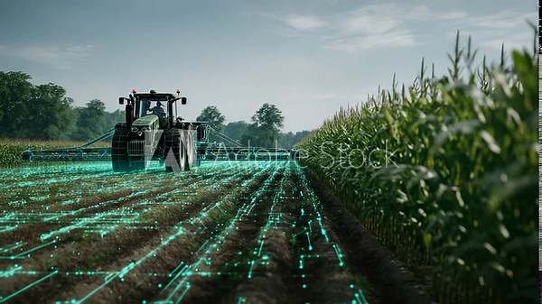 Tractor drives through field with precision. Smart machine scans soil while technology processes crop data. Soil and crop adjust to smart farming system as tractor applies real time technology