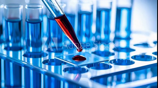 Scientific laboratory research showing a pipette dropping red liquid onto a glass slide for analysis.