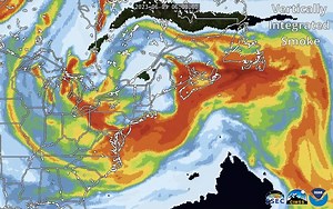 Wildfire smoke swirling around an upper level Low over New England is depicted in the smoke forecast for today. Hazardous air quality levels are expected for several Northeast and Mid-Atlantic states, including major metro areas along the I-95 corridor. https://re.ssec.wisc.edu/s/e2BZpk | CIMSS