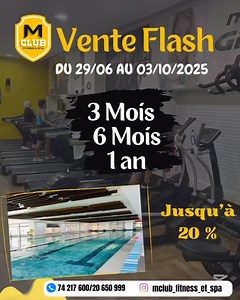 ⸻ 🎉 Vente Flash Exceptionnelle chez M-Club ! 🎉 Octobre arrive avec son lot de nouveautés, d’événements et de surprises ✨ À cette occasion, M-Club vous motive à rejoindre la famille ou à prolonger votre abonnement grâce à une OFFRE FLASH jusqu’à -20% 🏷️ 📅 Du 29 septembre au 3 octobre seulement ! 💪 Au programme ce mois-ci : • Des cours variés : cardio, full body workout, high step, sculpt, yoga, mobilité, pilates… • Une piscine animée : aqua gym, aqua bike, watfit, apprentissage de natation �