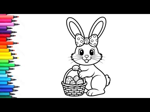 How To Draw Easter Bunny with Eggs Basket Drawing, Painting, Coloring for Kids & Toddlers | Easter