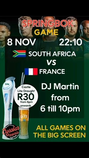 Crossbar Pub & Pizzeria on Instagram: "🏉 Springbok Showdown at Crossbar! South Africa vs France kicks off at 22:10 on 8 Nov, and we’re turning up the heat early! 🍺 Castle Lite Draught – just R30 from 6pm 🎧 DJ Martin live from 6–10pm 📺 All games on the BIG screen 🔥 Wood-fired pizza, cold beer, and Bok pride Bring your crew. Wear your green. Let’s make it loud. #totirugbyclub #savsfrance #djmartin #bigscreen #castlelight"