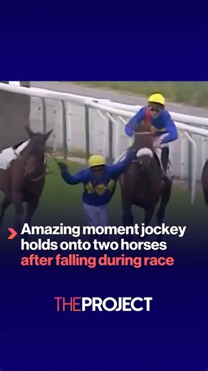 A jockey managed to hold on to his life during the final stretch of a race in France after falling from his horse. Rider Kevin Nabet was riding the favourite, Lord Brett, when he fell off and grabbed onto another horse, L’Amazone, to break his fall. | The Project