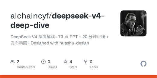GitHub - alchaincyf/deepseek-v4-deep-dive: DeepSeek V4 深度解读 · 73 页 PPT   20 分钟讲稿   发布动画 · Designed with huashu-design