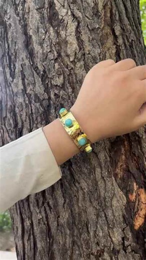 Natural amazonite cuff bracelet solid brass metal 18k gold plated hammered texture wide band bracelet wedding gift for women